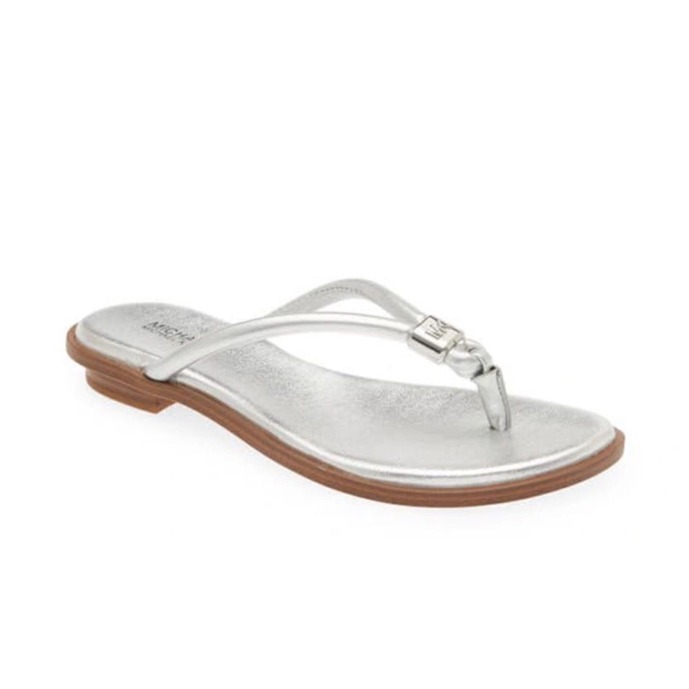 Michael Kors Silver Metallic T-Strap Thong Sandals